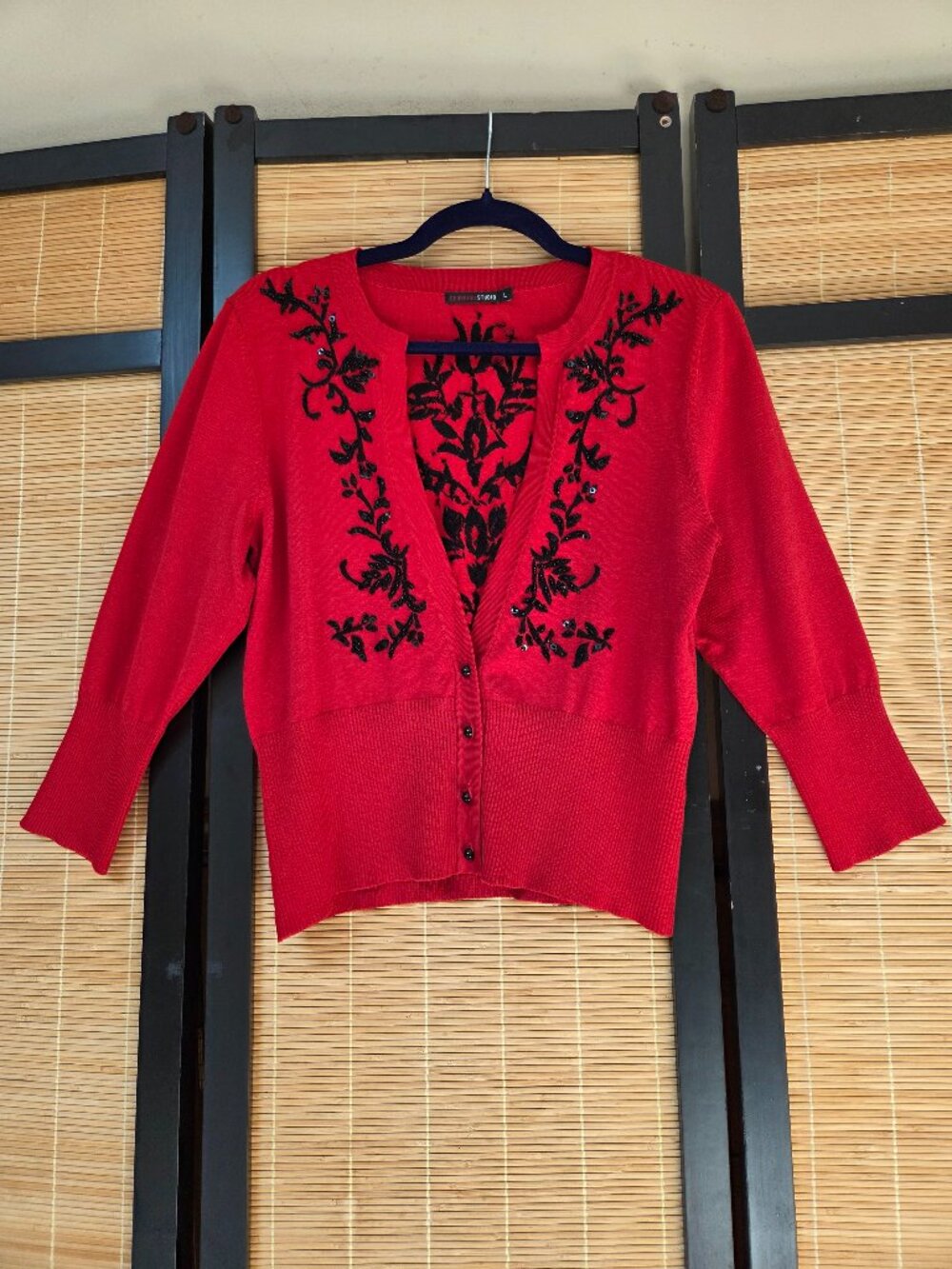 Georgiou Studio Size L  Vintage V-Neck Red Cardigan Black Beading 3/4 Sleeve Y2K